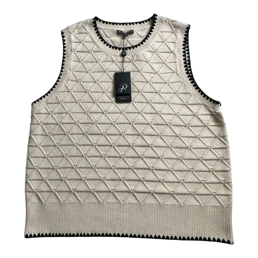 Adrianna Papell Woman’s Size XL Cream Embroidered Knit‎ Sweater Vest